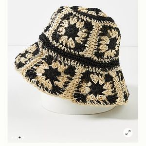 NWOT Anthropologie Crochet Granny Square Bucket Hat black & white